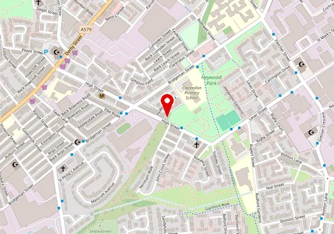 Street map with a pin on Tyre Bay Bolton, 141 High Street, Bolton BL3 6SR, near Heywood Park